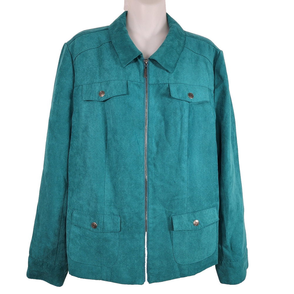 Studio Works Women Faux Suede Jacket Size 14 Full Zip Pockets Lined Green Casual